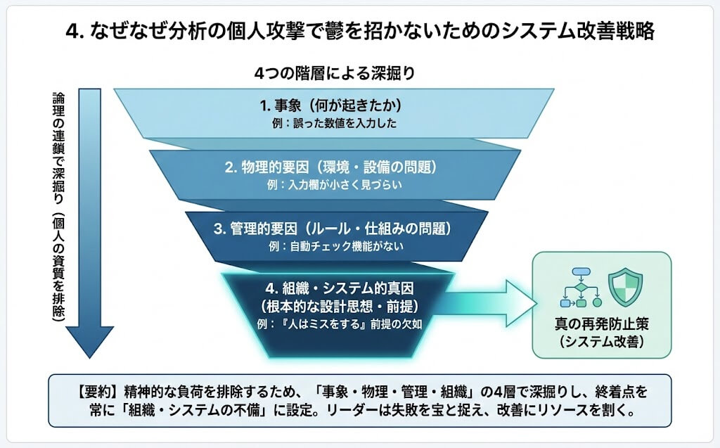 なぜなぜ分析の個人攻撃で鬱を招かないためのシステム改善戦略